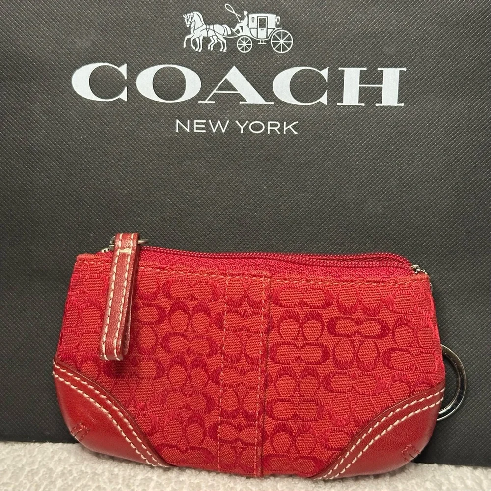 Coach Red Signature jacquard keychain card holder - Picture 3 of 13